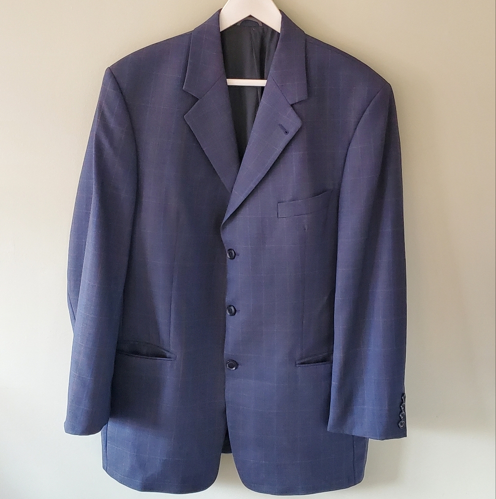 Mario Barutti Navy Windowpane Plaid Wool Blazer Size 42R Old Money Preppy Office